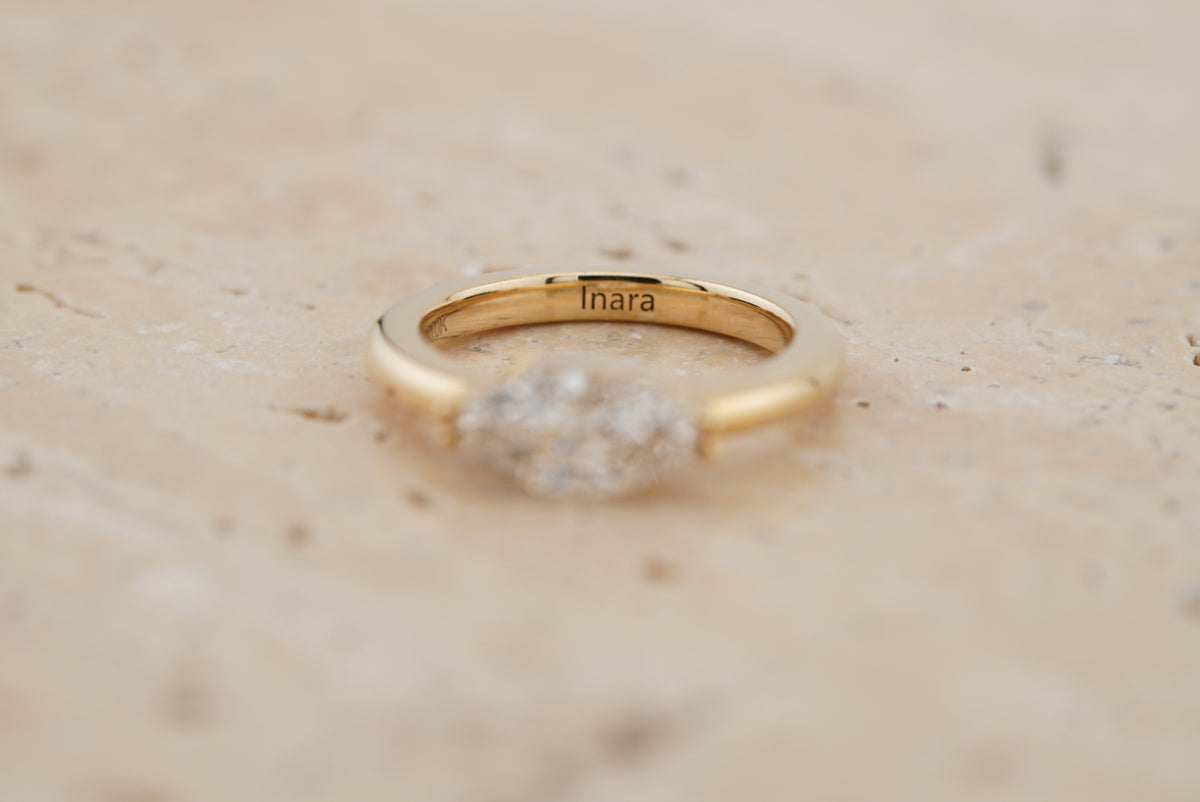 Leila Ring, side view showing the interior INARA engraving