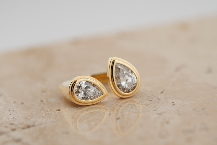 Nora Double Pear Ring, front view of both pear-cut diamonds